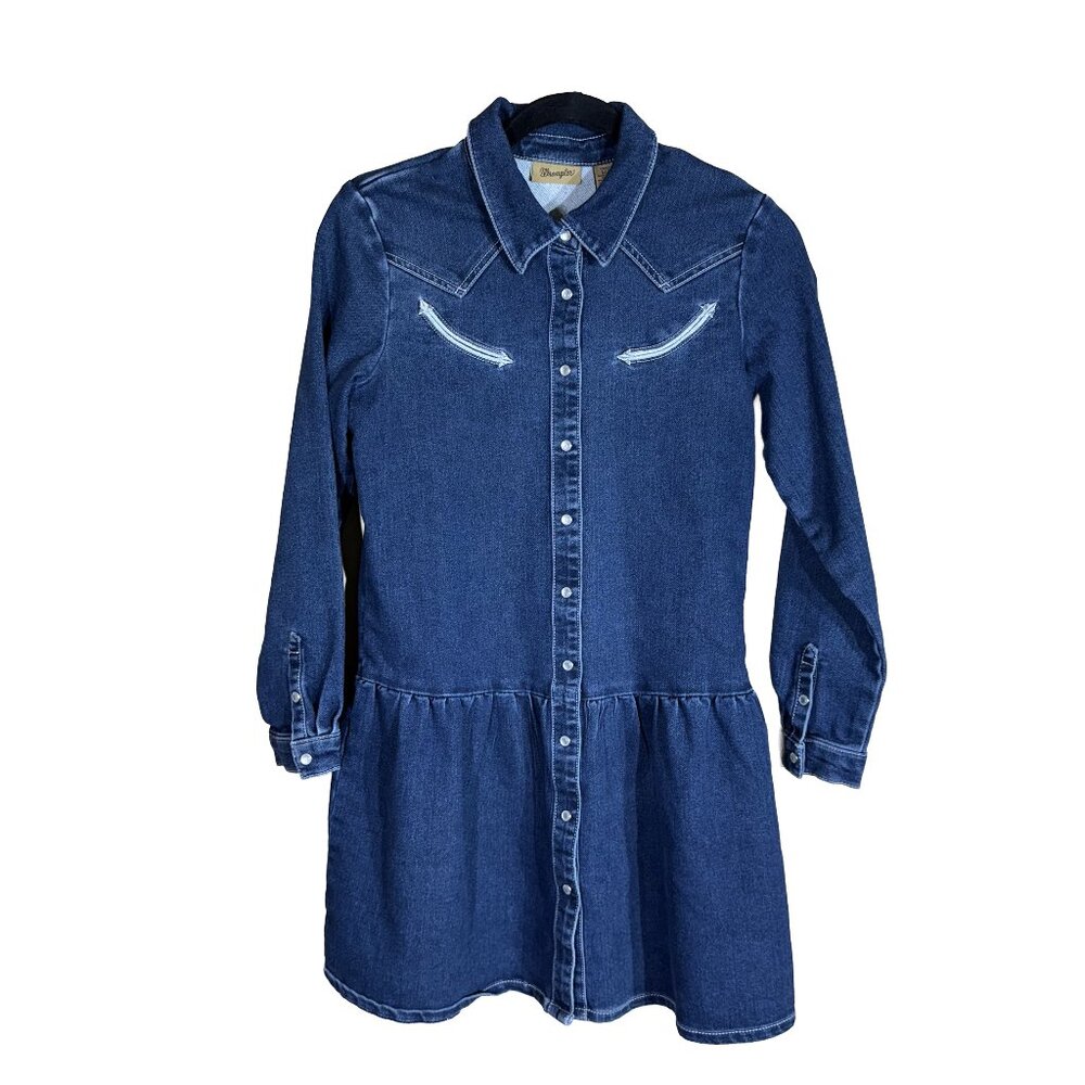 NWOT Wrangler Girls Large Denim Dress Western Pearl Snap Embroidered Cowgirl